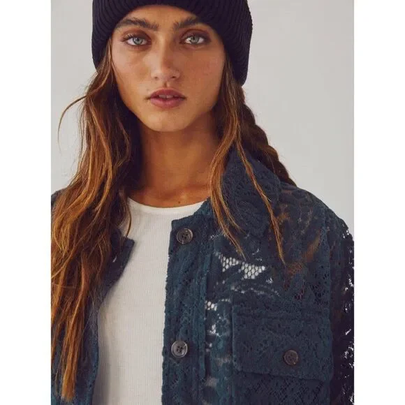 NWT FREE PEOPLE Sz M RUBY LACE JACKET SHIRT SHACKET IN CHARCOAL - Picture 3 of 4